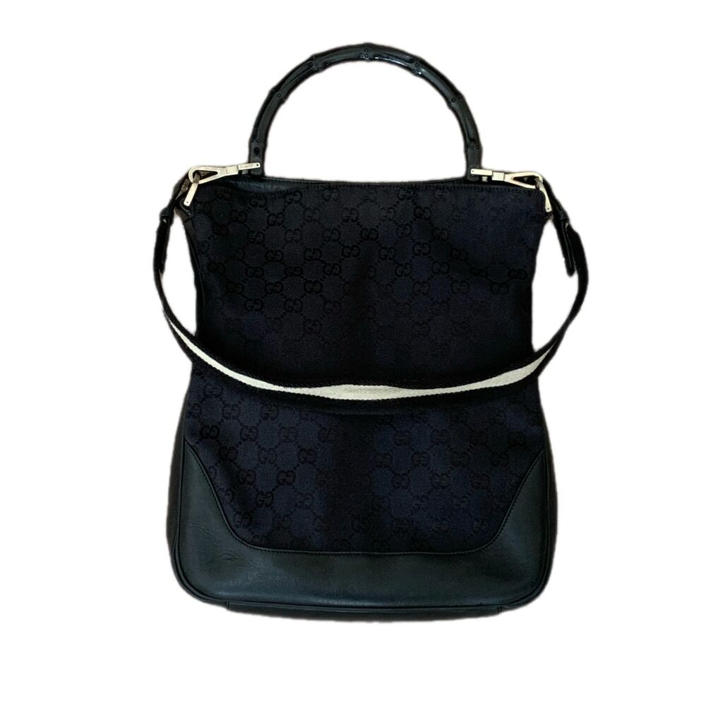 Gucci monogram 2 way bamboo handle Black bag authentic with COA